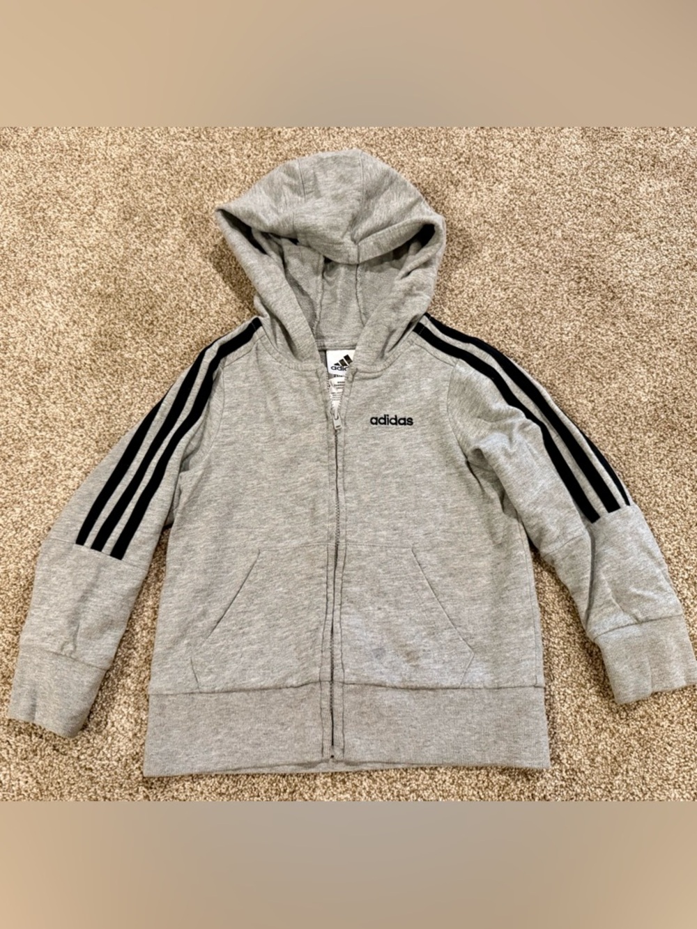 Adidas Gray Hooded Zip Sweatshirt with Black 3-Stripe Detail